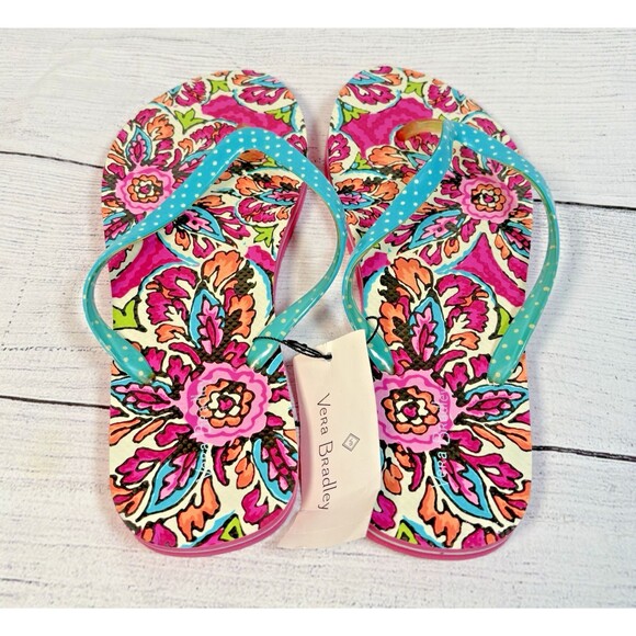 Vera Bradley Sz 7/8 Sunburst Floral Multi-Colored Flower Theme Flip Flops NEW - Picture 1 of 2